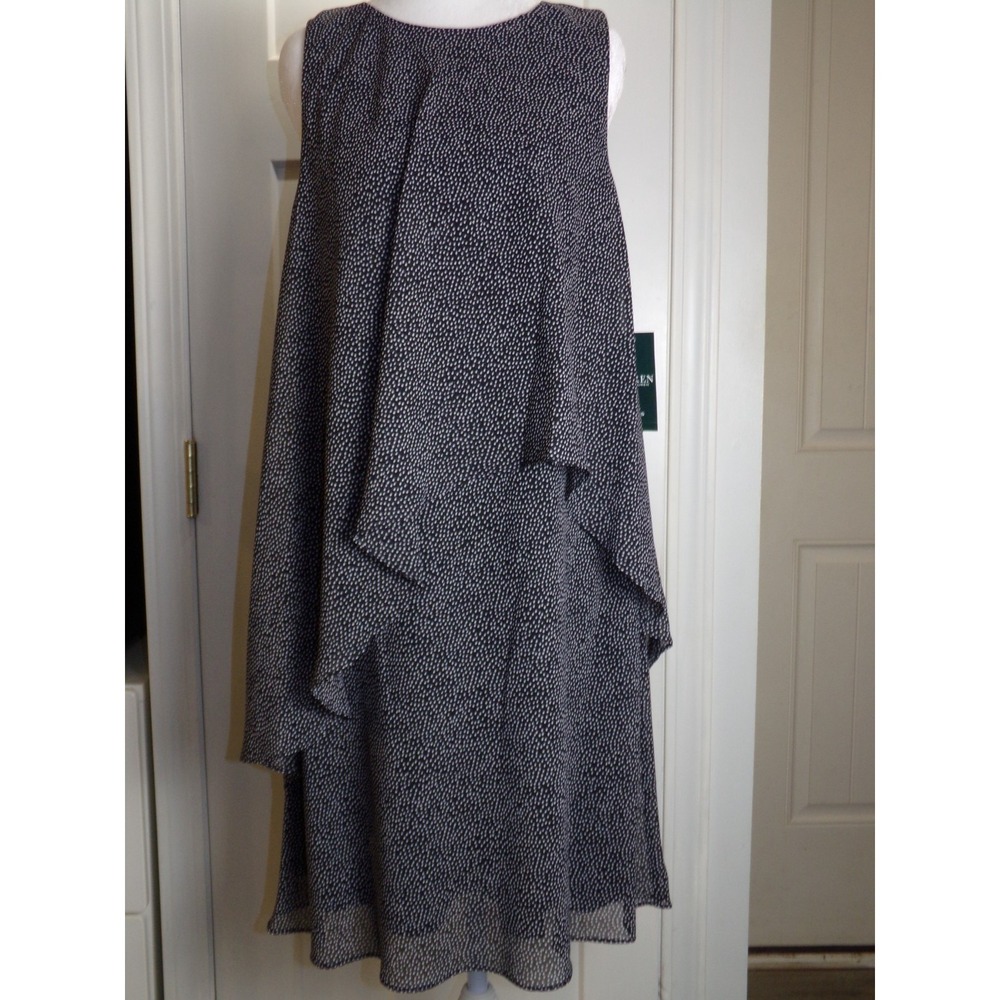 Lauren Ralph Lauren Women's Dress 14 Black & White Polka Dot Tiered A-Line NWT